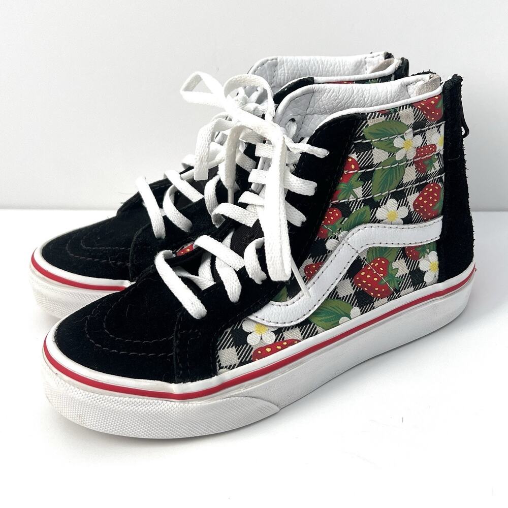 Vans Sk8 High Top Zip Strawberry Check Print Black Girl Sneaker 508731 Kids 13.5